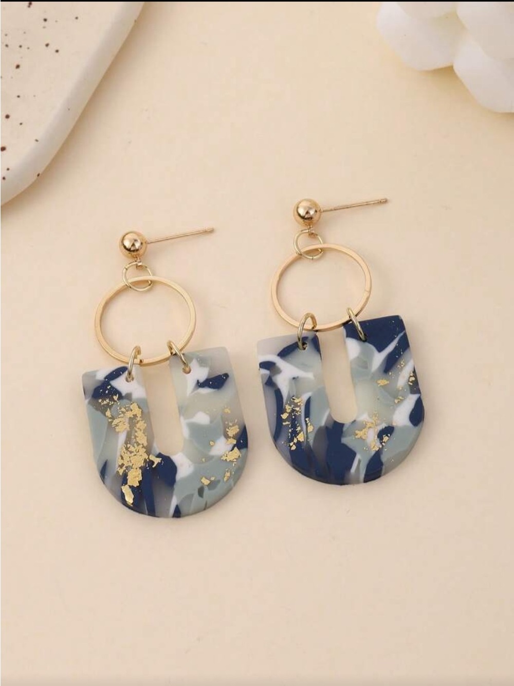 Gold Accent Navy Blue Marble Drop Earrings